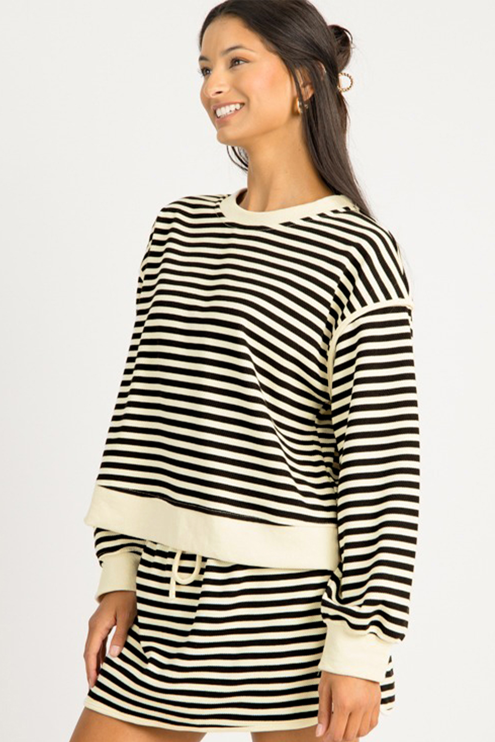 Women's Fall Black Stripe Textured Top and Skirt Set for Daily Wear - Detail View 3 Women's Fall Black Stripe Textured Top and Skirt Set for Daily Wear - Detail View 3
