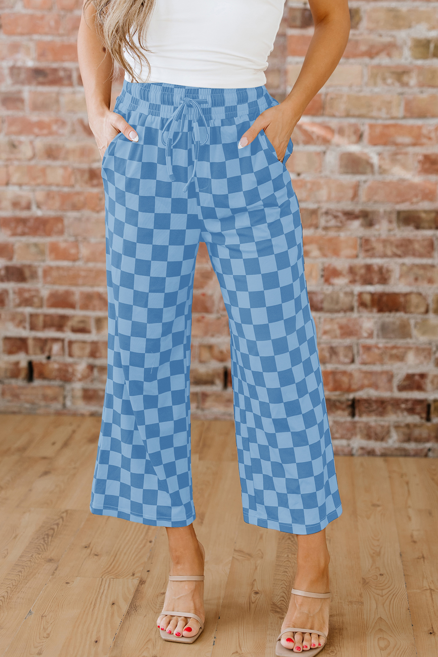 Wide Leg Plaid Casual Pants, Trendy Sky Blue High Waist - Detail View 2 Wide Leg Plaid Casual Pants, Trendy Sky Blue High Waist - Detail View 2