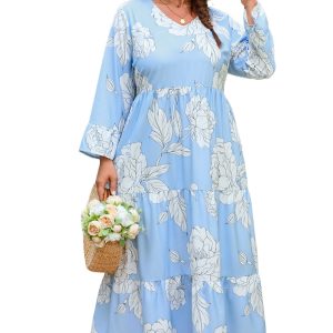 Plus Size Sky Blue Floral Bracelet Sleeve V Neck Tiered Maxi Dress for Women - Main View