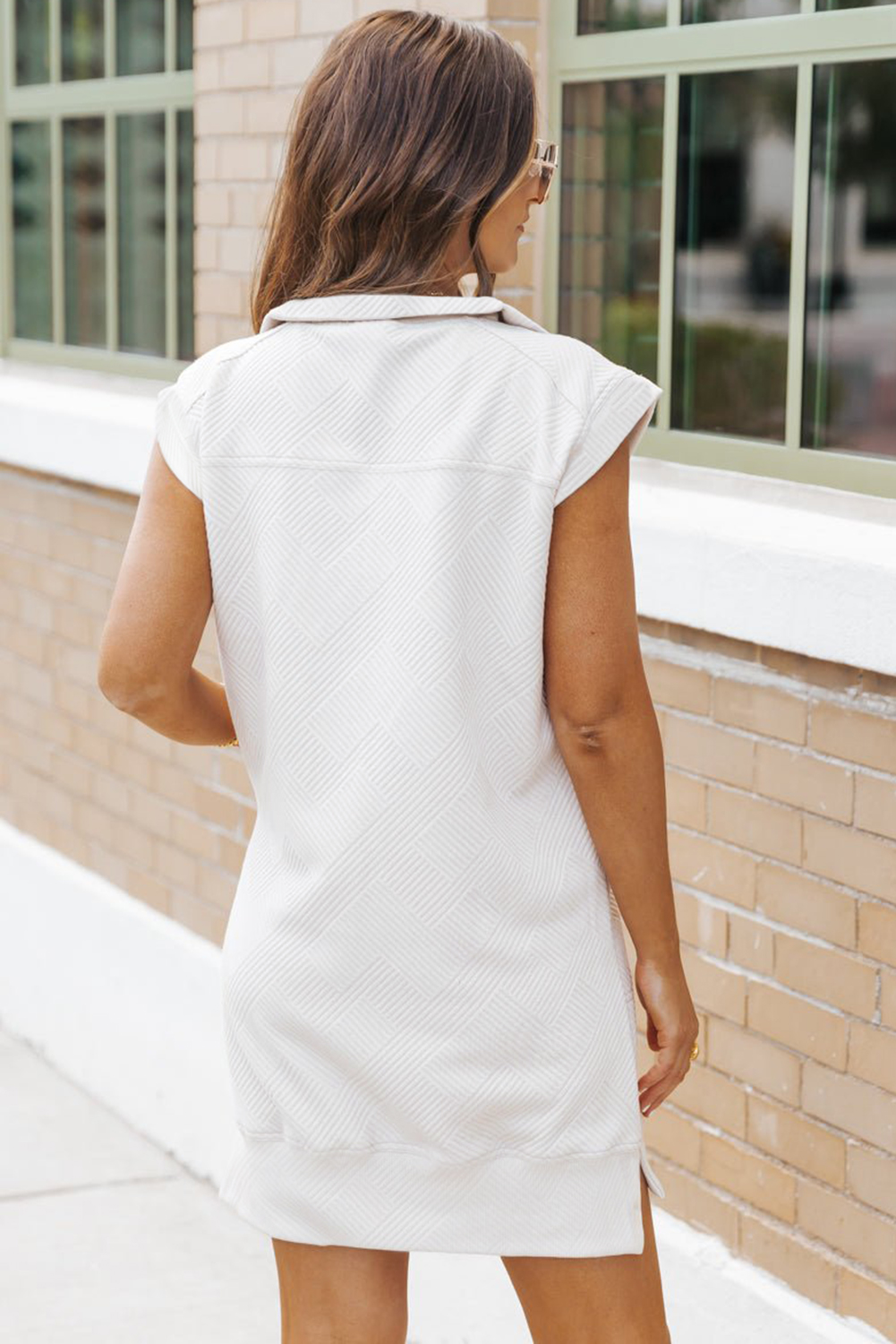 Casual and Chic White Mini Dress - Textured Fabric with Half Zip and Cap Sleeves - Detail View 2 Casual and Chic White Mini Dress - Textured Fabric with Half Zip and Cap Sleeves - Detail View 2