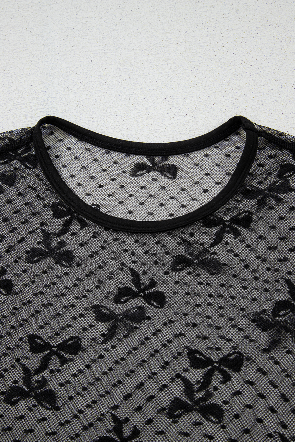 Women's Black Sheer Mesh Long Sleeve Top with Charming Bow Pattern - Detail View 9 Women's Black Sheer Mesh Long Sleeve Top with Charming Bow Pattern - Detail View 9