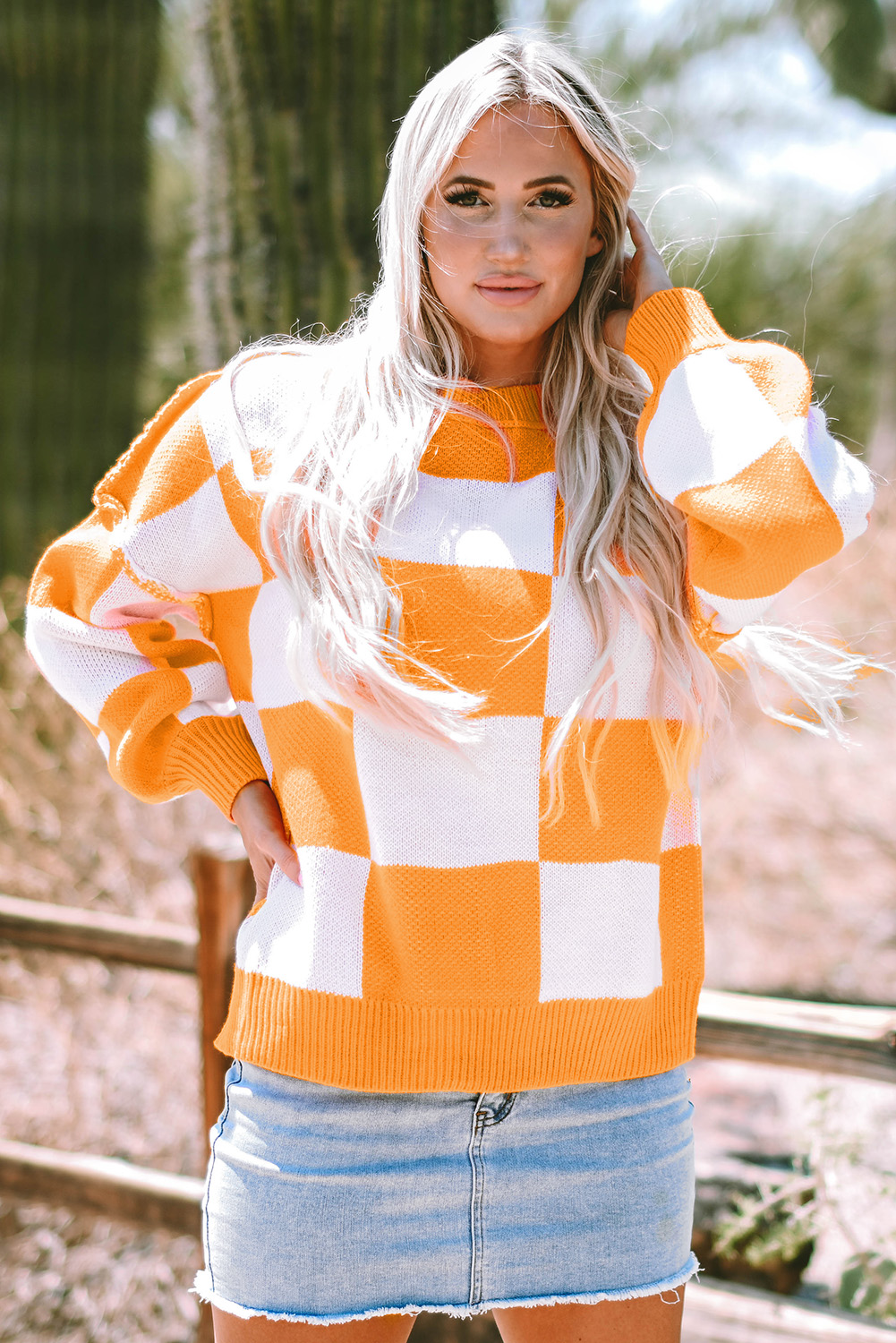Chic Orange Plaid Bishop Sleeve Sweater for Women – Effortless Autumn Elegance - Detail View 8 Chic Orange Plaid Bishop Sleeve Sweater for Women – Effortless Autumn Elegance - Detail View 8