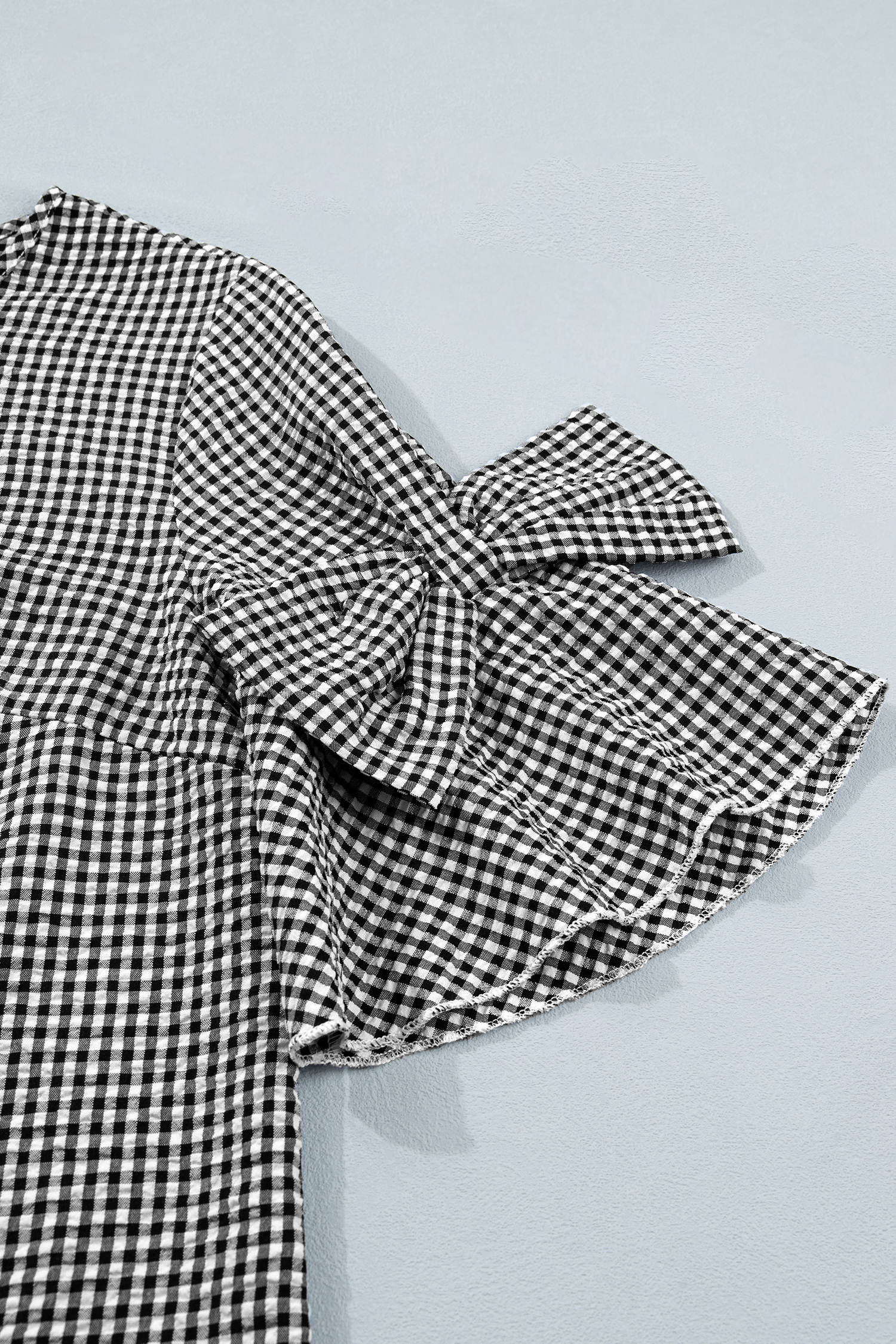 Women's Plaid Round Neck Blouse – Ruffled Half Sleeve Casual Top, Black Checkered Pattern - Detail View 10 Women's Plaid Round Neck Blouse – Ruffled Half Sleeve Casual Top, Black Checkered Pattern - Detail View 10