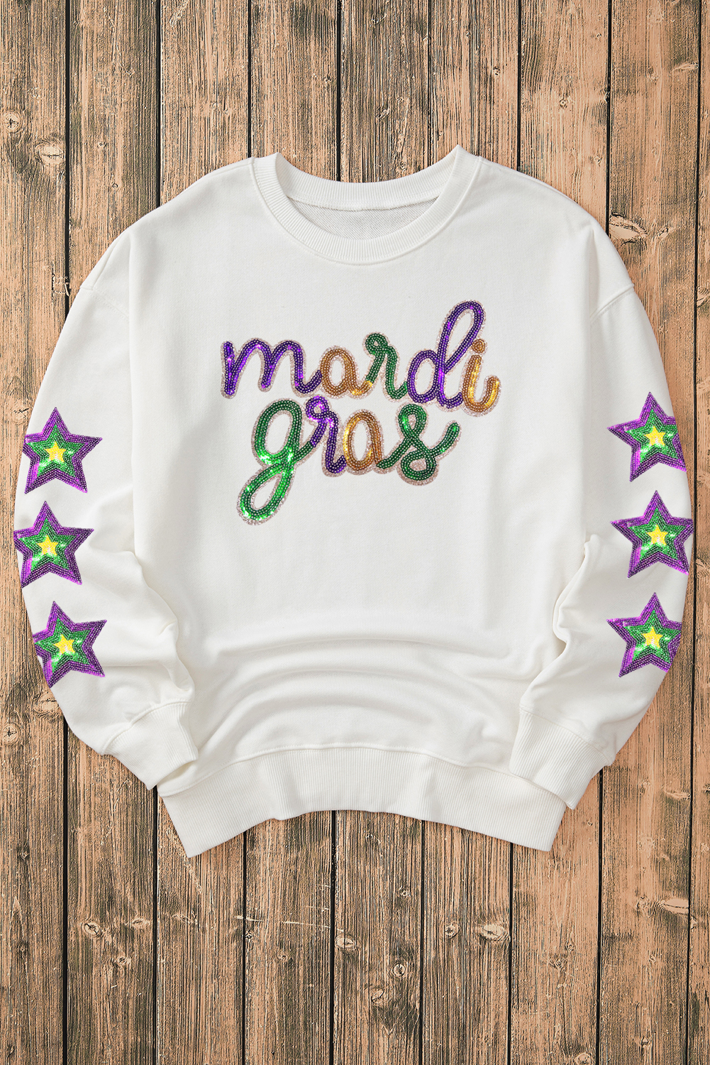 Festive Mardi Gras Crew Neck Sweatshirt - Long Sleeve with Eye-Catching Sequins - Detail View 3 Festive Mardi Gras Crew Neck Sweatshirt - Long Sleeve with Eye-Catching Sequins - Detail View 3