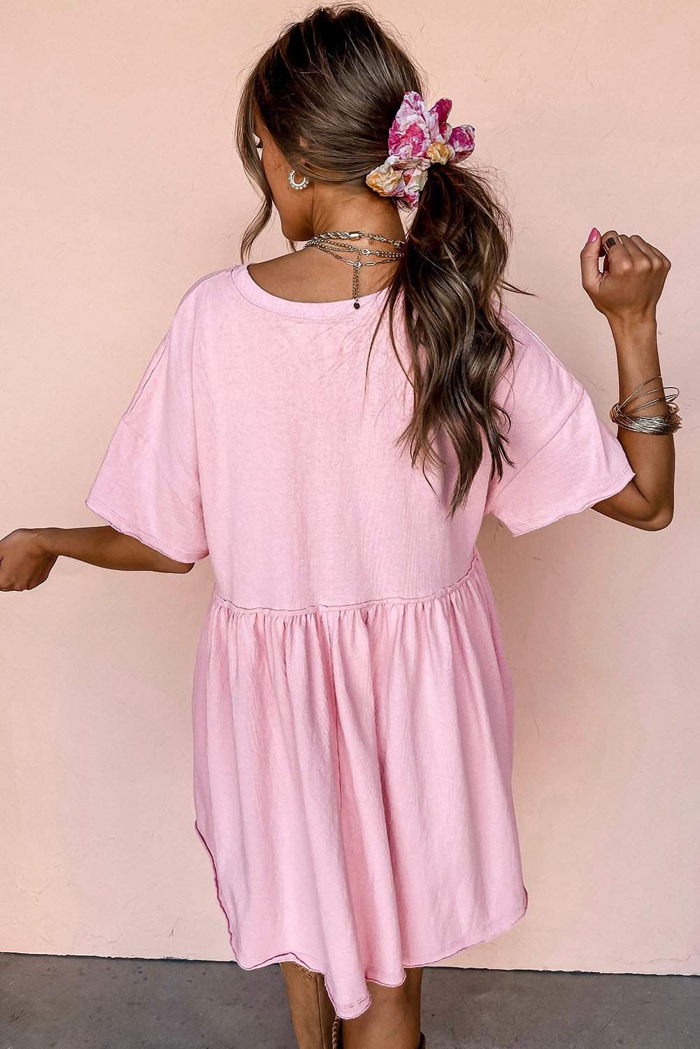 Trendy Light Pink Babydoll Dress with Side Pockets and Raw Edge Detail - Detail View 2 Trendy Light Pink Babydoll Dress with Side Pockets and Raw Edge Detail - Detail View 2