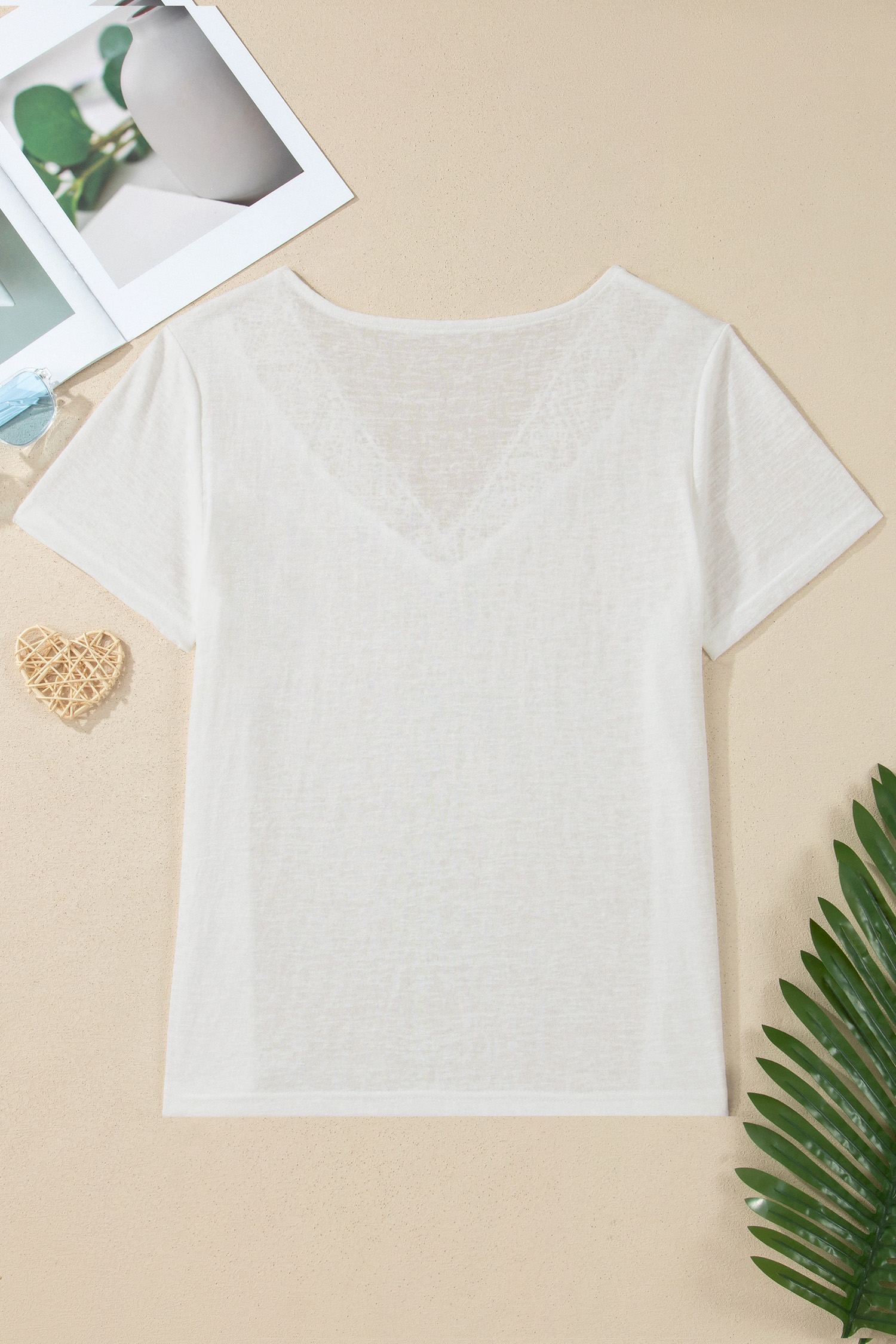 Elegant Women's Lace Splicing V-Neck Top – Casual White Short Sleeve Shirt, Summer Gift - Detail View 3 Elegant Women's Lace Splicing V-Neck Top – Casual White Short Sleeve Shirt, Summer Gift - Detail View 3