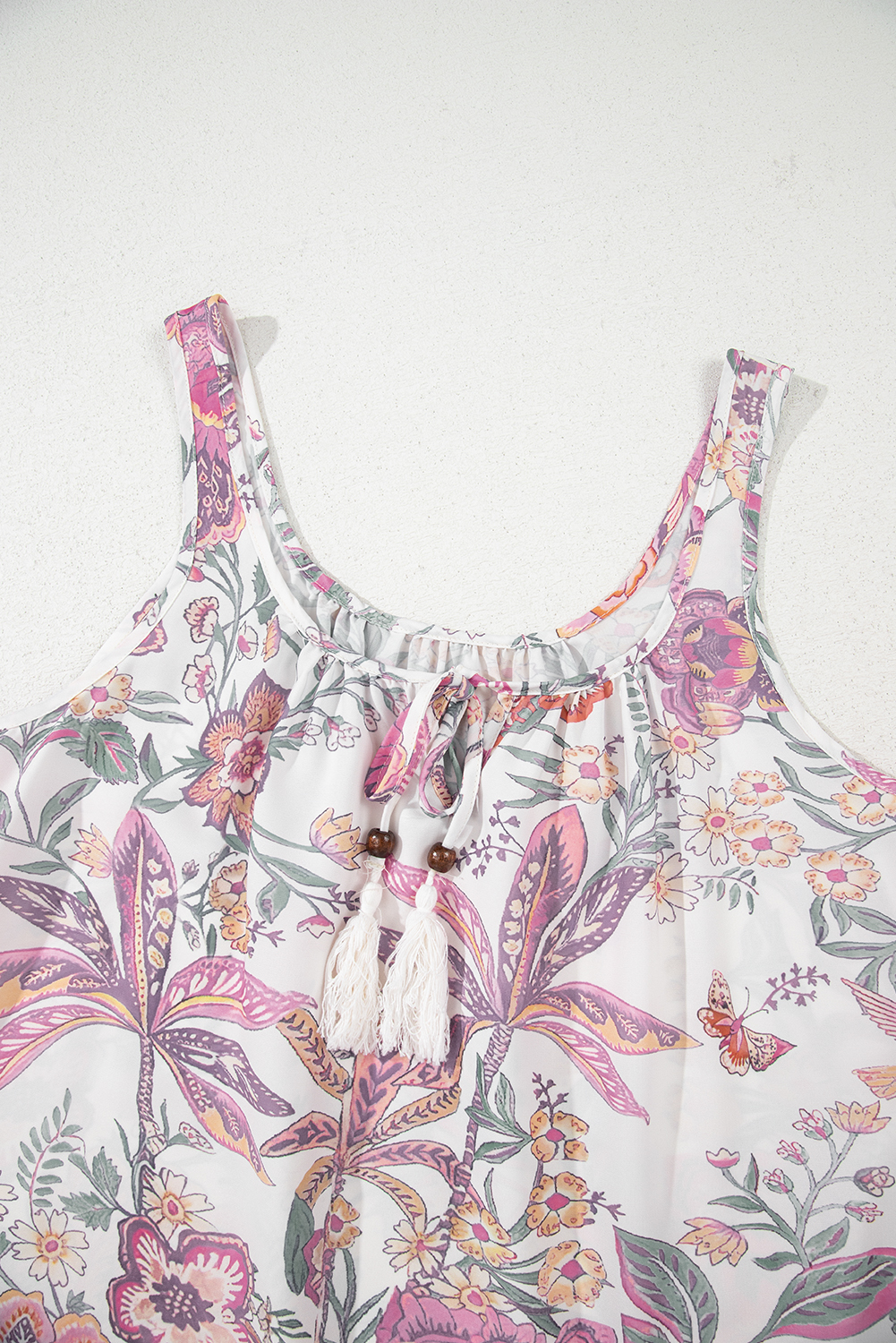Women's Mini Dress, Multicolor Floral, Fringed Tie, U Neck, Sleeveless, Bohemian Style, Vacation Wear, Summer Dress, Chic Design, Feminine Touch, Comfortable Fit, Floral Pattern, Casual Wear, Shift Silhouette - Detail View 8 Women's Mini Dress, Multicolor Floral, Fringed Tie, U Neck, Sleeveless, Bohemian Style, Vacation Wear, Summer Dress, Chic Design, Feminine Touch, Comfortable Fit, Floral Pattern, Casual Wear, Shift Silhouette - Detail View 8