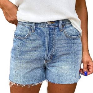 Women's High Waist Raw Hem Denim Shorts – Beau Blue Acid Wash Jean Shorts, Casual Summer Wear - Main View