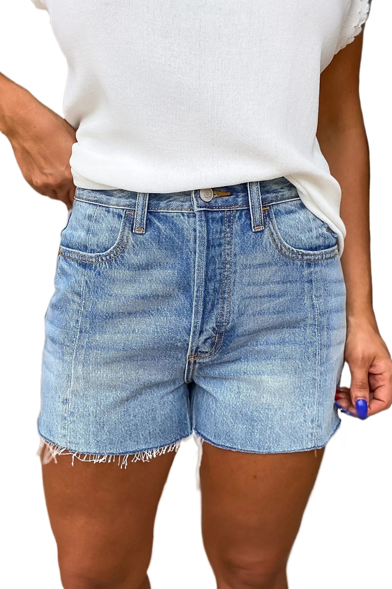 Women's High Waist Raw Hem Denim Shorts – Beau Blue Acid Wash Jean Shorts, Casual Summer Wear - Main View Women's High Waist Raw Hem Denim Shorts – Beau Blue Acid Wash Jean Shorts, Casual Summer Wear - Main View