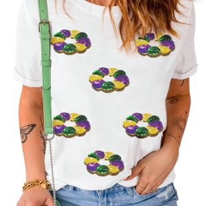 Women's White Sequined Mardi Gras Pattern Crew Neck Short Sleeve Top - Main View