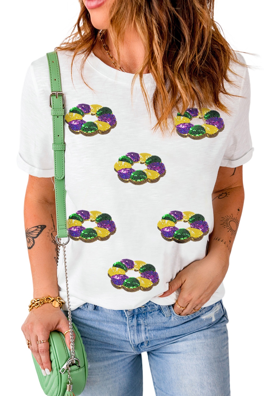 Women's White Sequined Mardi Gras Pattern Crew Neck Short Sleeve Top - Main View Women's White Sequined Mardi Gras Pattern Crew Neck Short Sleeve Top - Main View