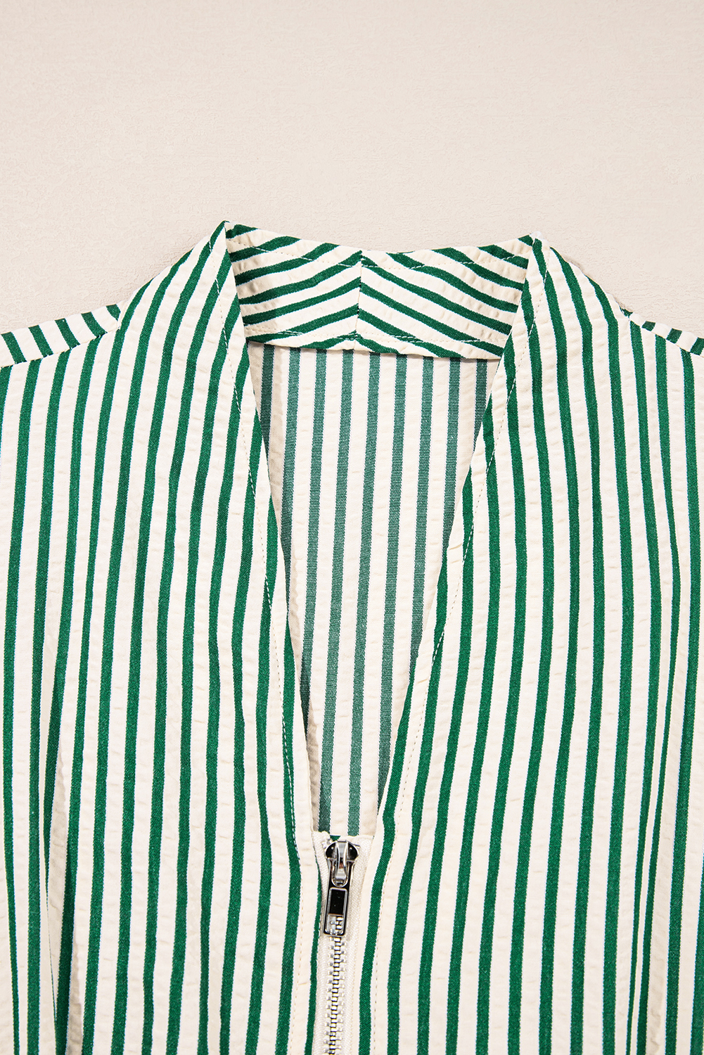 Elegant A-Line Midi Dress with Long Sleeves and Pockets - Green Striped Design - Detail View 14 Elegant A-Line Midi Dress with Long Sleeves and Pockets - Green Striped Design - Detail View 14