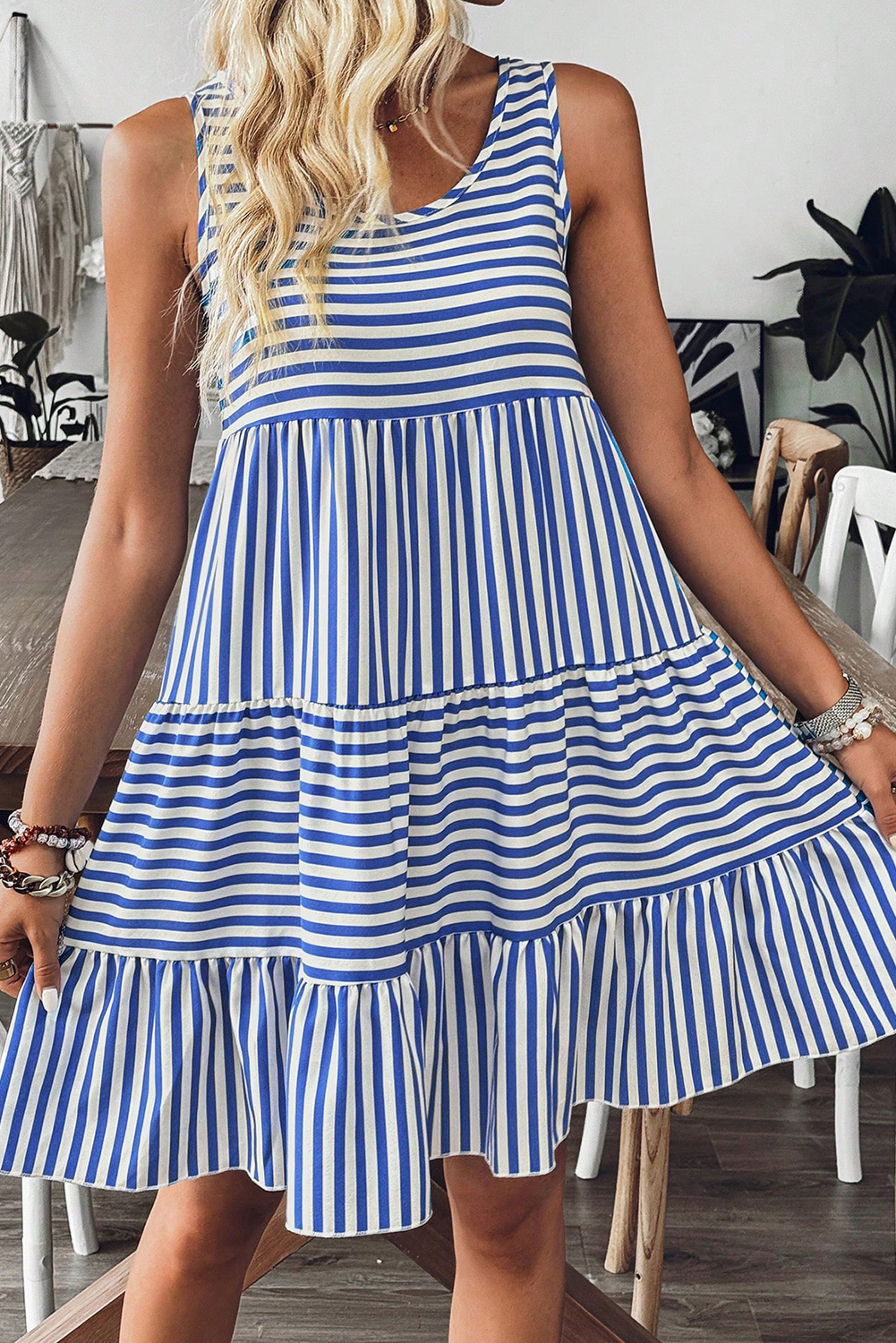 Women's Mini Dress, Sky Blue, Striped, U Neck, Sleeveless, Casual Style, High Waist, Comfortable, Lightweight, Summer Dress, A-Line Silhouette, Daily Wear, Breathable Fabric - Detail View 4 Women's Mini Dress, Sky Blue, Striped, U Neck, Sleeveless, Casual Style, High Waist, Comfortable, Lightweight, Summer Dress, A-Line Silhouette, Daily Wear, Breathable Fabric - Detail View 4