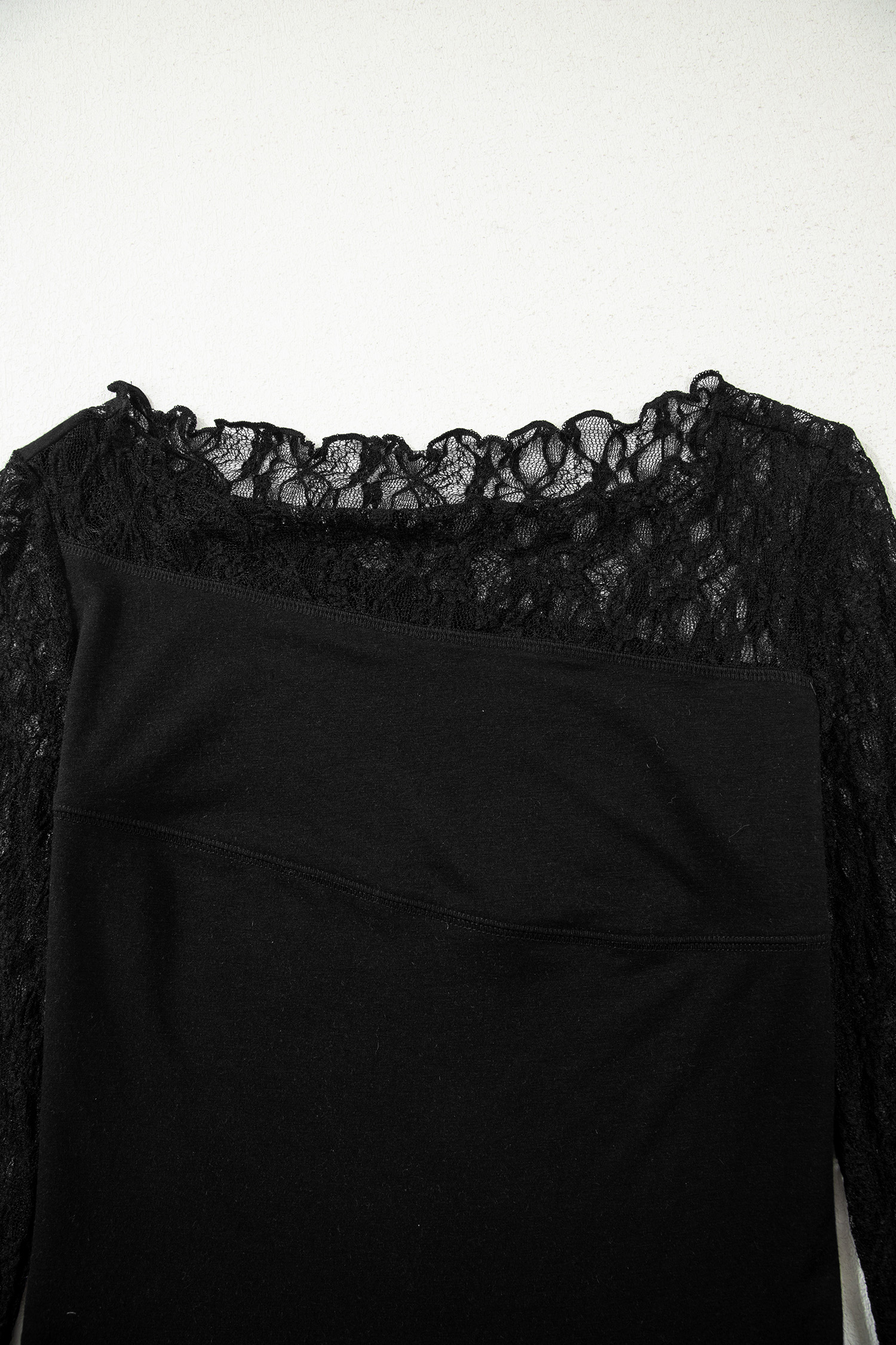 Chic Black Sheer Floral Lace Patchwork Top for Women – Long Sleeve Asymmetric Style for Spring - Detail View 11 Chic Black Sheer Floral Lace Patchwork Top for Women – Long Sleeve Asymmetric Style for Spring - Detail View 11
