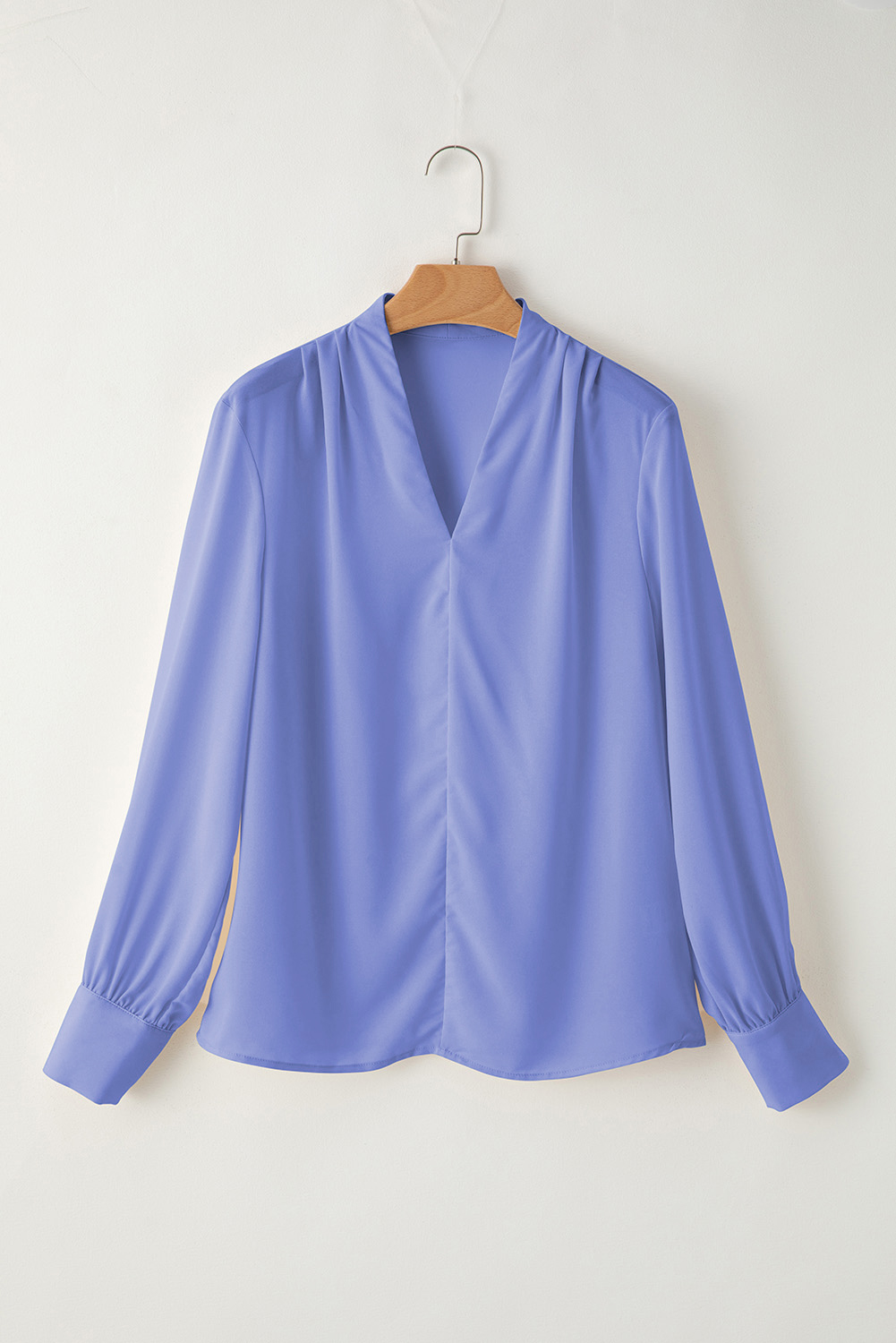 Women's Elegant Sky Blue V Neck Blouse – Long Sleeve Office Shirt for Professional Wear - Detail View 7 Women's Elegant Sky Blue V Neck Blouse – Long Sleeve Office Shirt for Professional Wear - Detail View 7