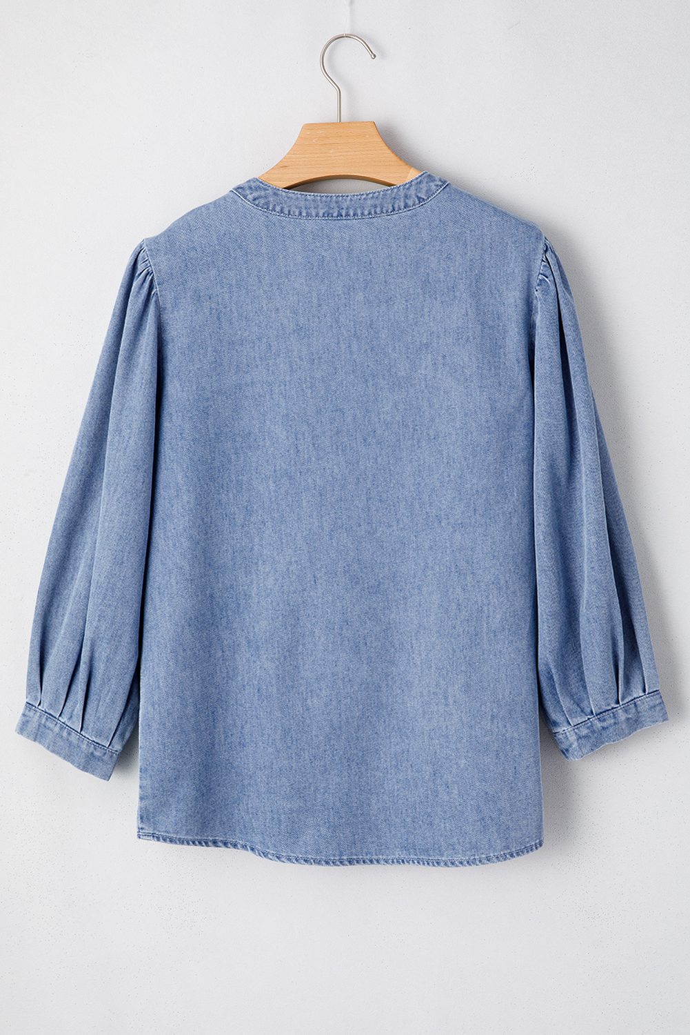 Women's Denim Top, Myosotis Blue, Bow Tie, Puff Sleeve, Pintuck Detail, Casual Style, Flowy Fit, Solid Color, Daily Wear, Spring Fashion, Summer Tops, Elegant Design, Shift Silhouette, Round Neck - Detail View 4 Women's Denim Top, Myosotis Blue, Bow Tie, Puff Sleeve, Pintuck Detail, Casual Style, Flowy Fit, Solid Color, Daily Wear, Spring Fashion, Summer Tops, Elegant Design, Shift Silhouette, Round Neck - Detail View 4