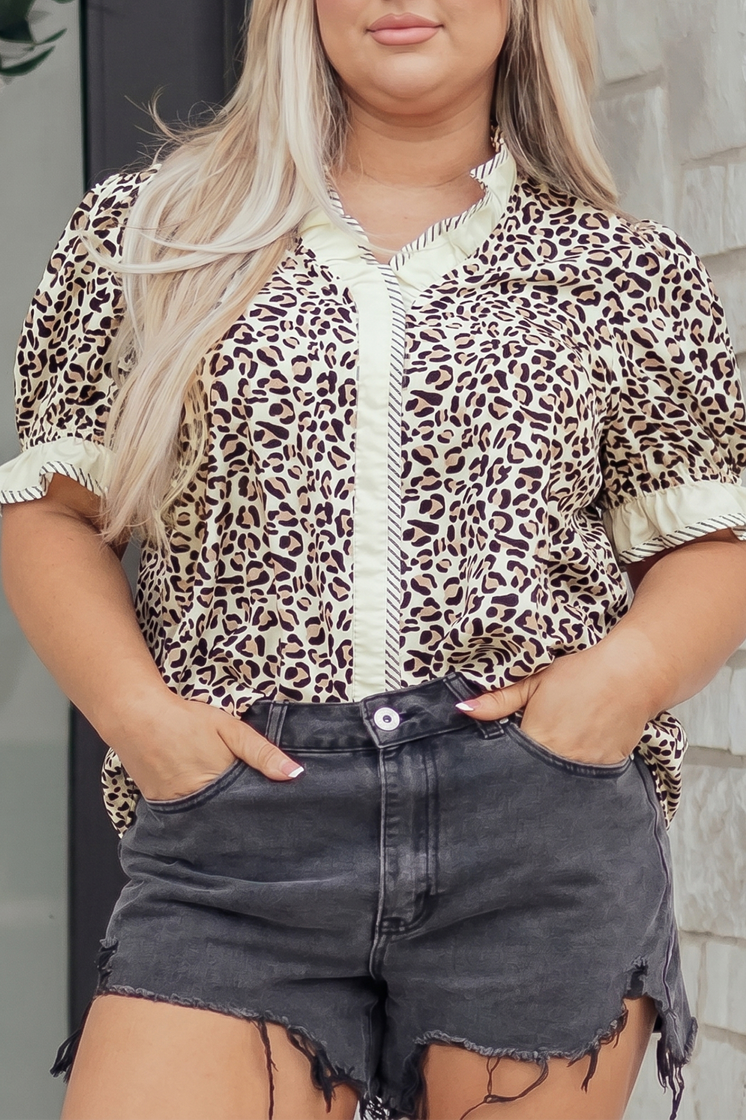 Chic Leopard Print V Neck Blouse for Women – Striped Color Block Trim Short Sleeve Top, Office & Daily Wear - Detail View 2 Chic Leopard Print V Neck Blouse for Women – Striped Color Block Trim Short Sleeve Top, Office & Daily Wear - Detail View 2