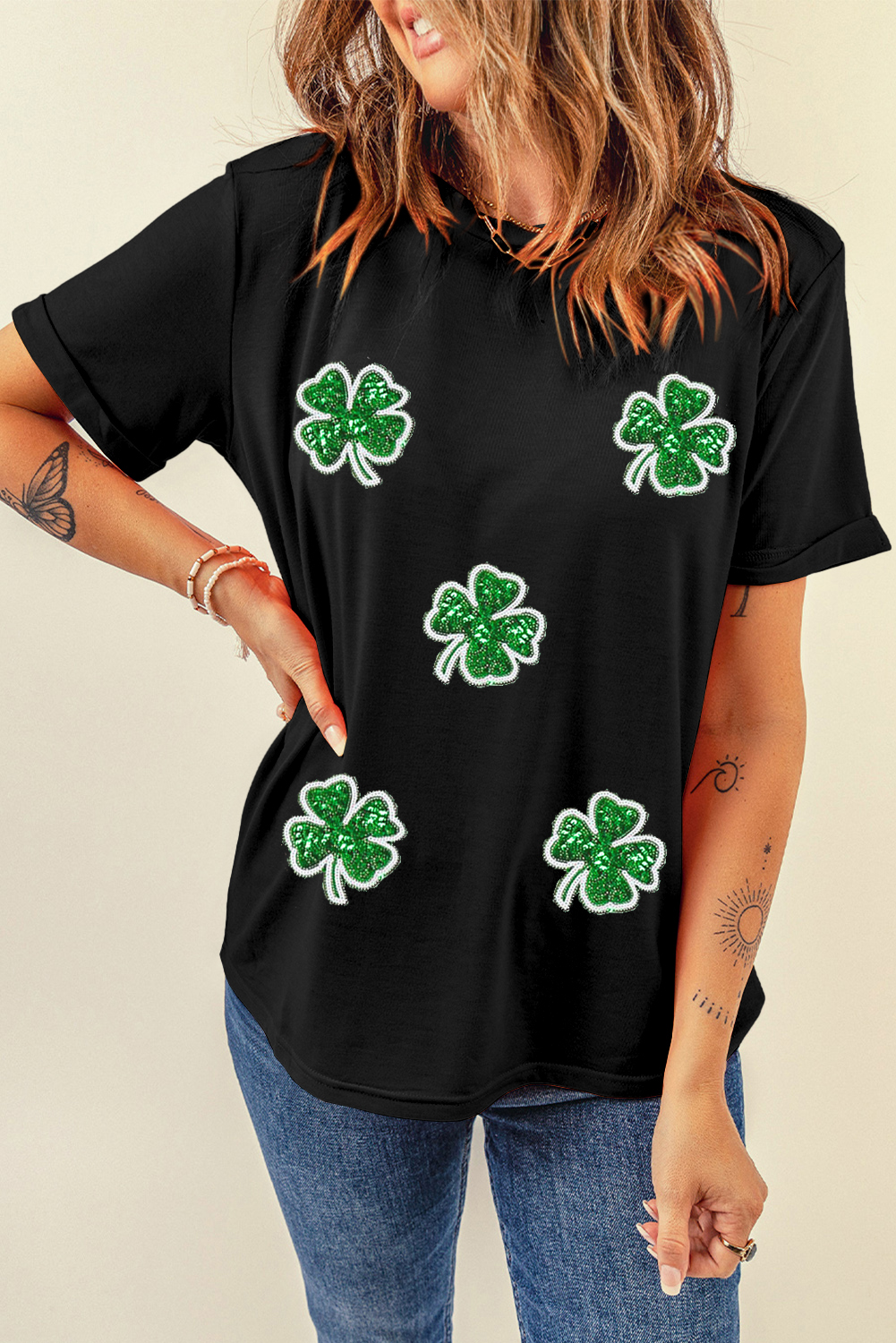 Festive St. Patrick's Day Black Graphic T-Shirt with Four Leaf Clover Design - Detail View 6 Festive St. Patrick's Day Black Graphic T-Shirt with Four Leaf Clover Design - Detail View 6