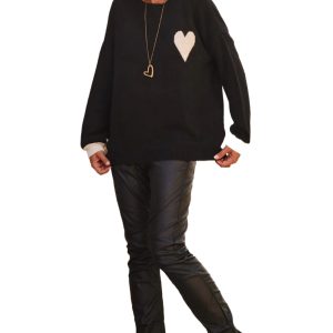 Women's Black Heart Detail Baggy Sweater – Cozy Contrast Cuffs for Daily Wear - Main View