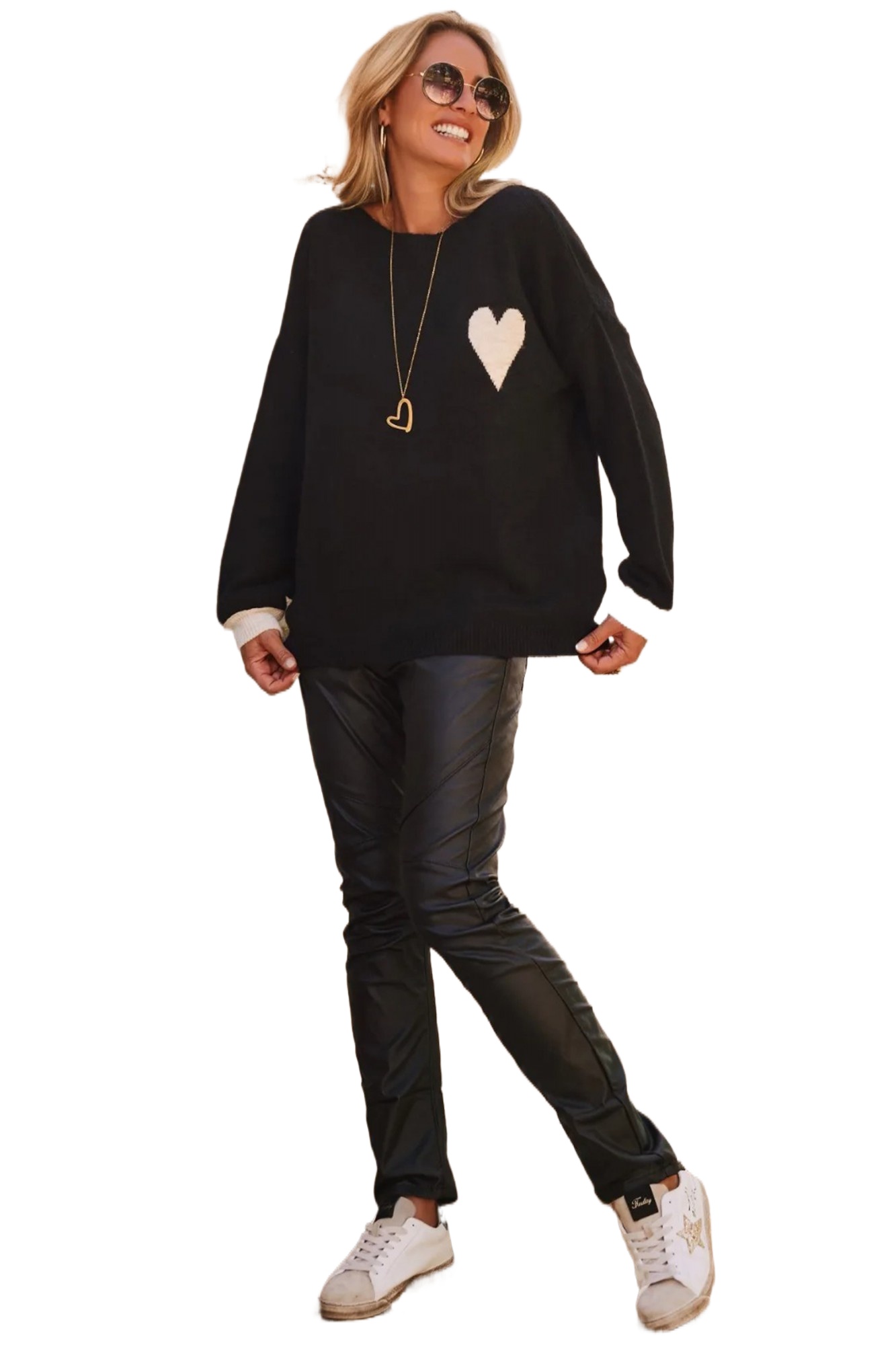 Women's Black Heart Detail Baggy Sweater – Cozy Contrast Cuffs for Daily Wear - Main View Women's Black Heart Detail Baggy Sweater – Cozy Contrast Cuffs for Daily Wear - Main View