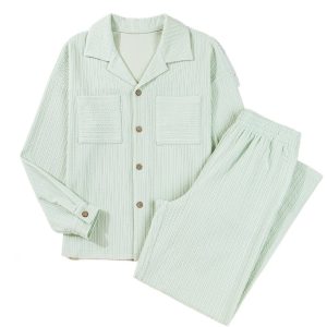 Women's Clearly Aqua Textured Patched Chest Pocket Shirt and High-Waist Pants Set - Main View