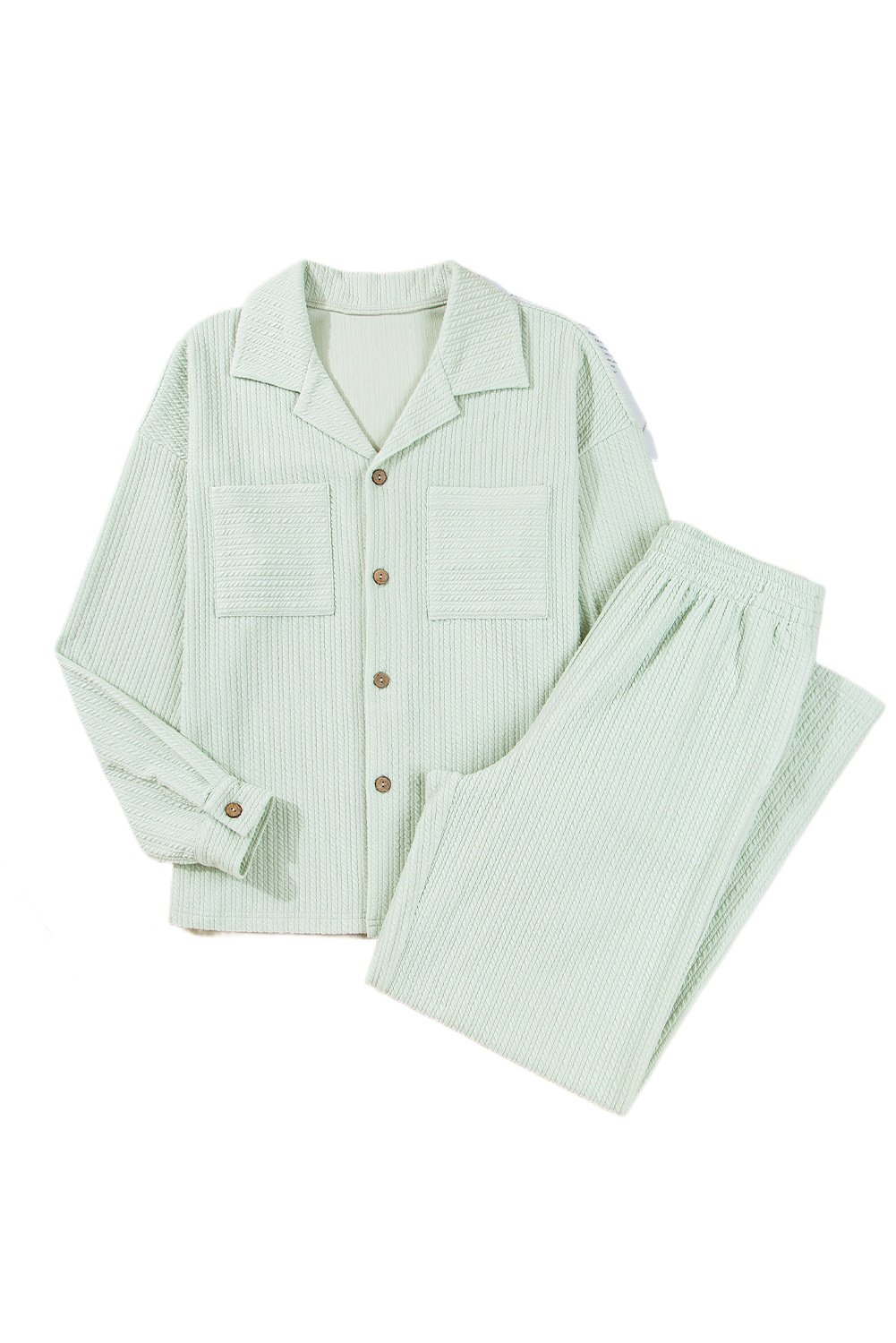 Women's Clearly Aqua Textured Patched Chest Pocket Shirt and High-Waist Pants Set - Main View Women's Clearly Aqua Textured Patched Chest Pocket Shirt and High-Waist Pants Set - Main View
