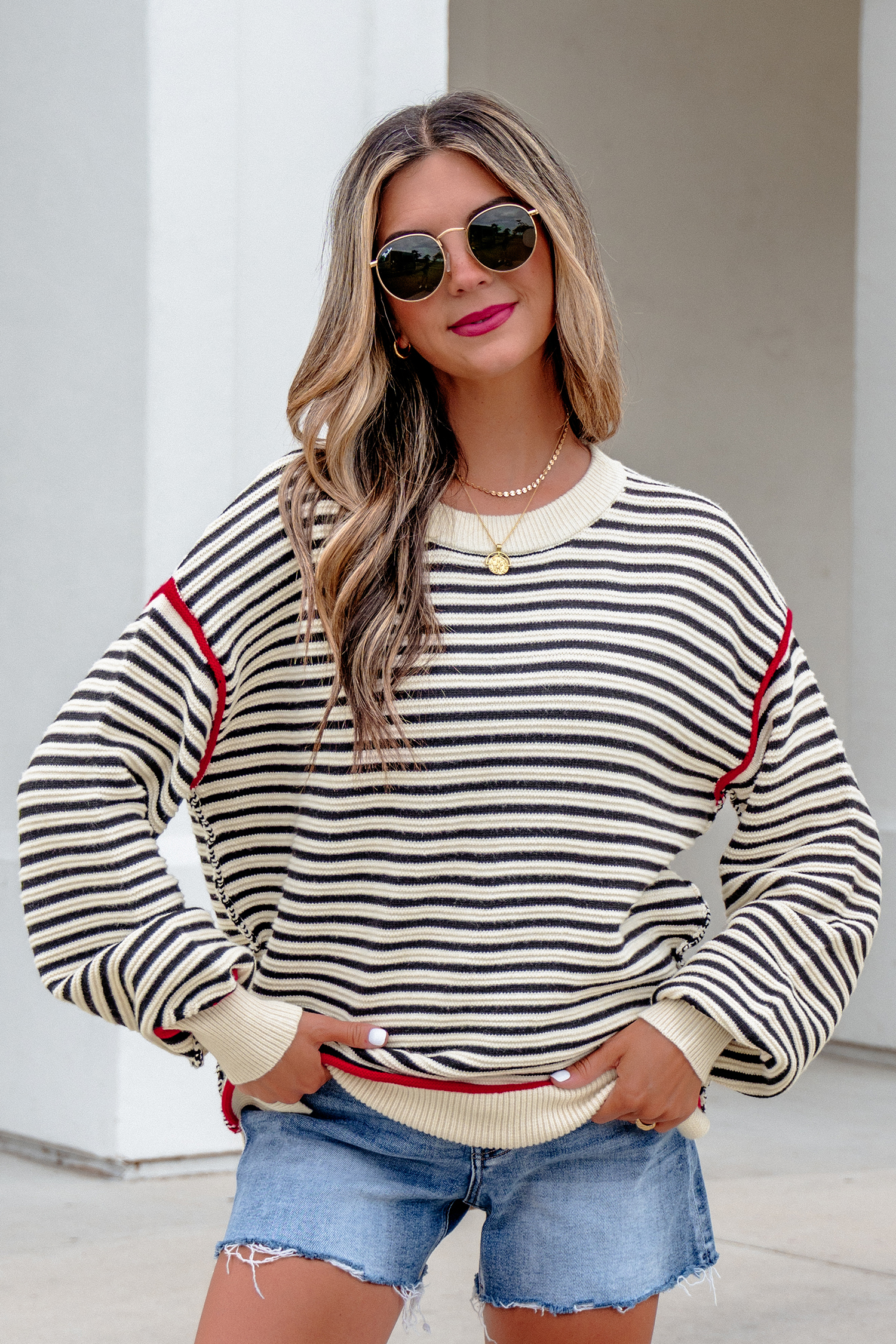 Soft Striped Crewneck Pullover, Relaxed Drop Shoulder Top - Detail View 14 Soft Striped Crewneck Pullover, Relaxed Drop Shoulder Top - Detail View 14