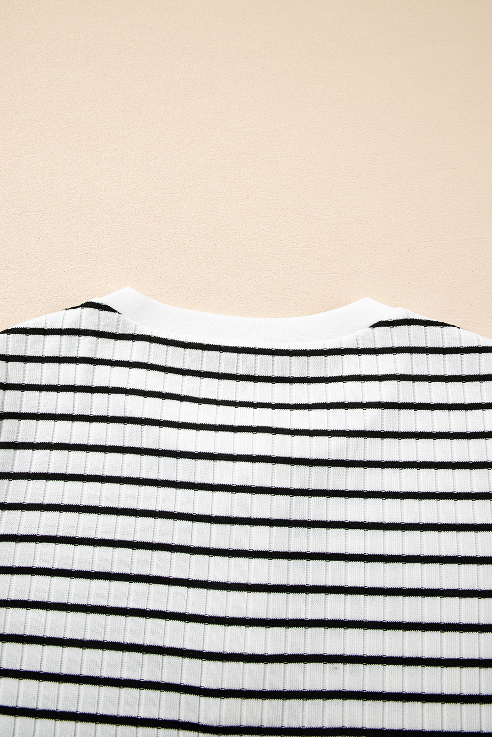Women's White Stripe Textured Short Sleeve Buttoned Henley Top - Casual Summer Tee - Detail View 13 Women's White Stripe Textured Short Sleeve Buttoned Henley Top - Casual Summer Tee - Detail View 13