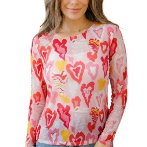 Women's Rose Heart Mesh Long Sleeve Top – Casual Valentine's Day Style - Main View