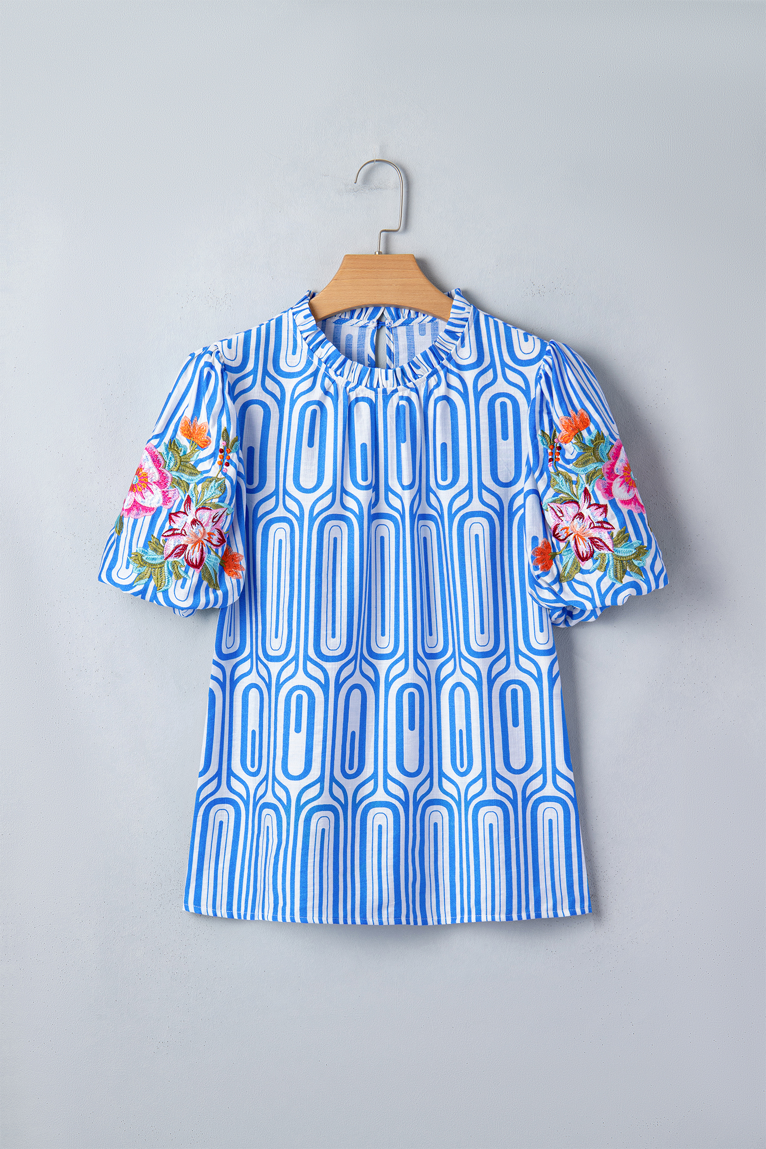 Casual Summer Floral Blouse for Women – Shift Silhouette Geometric Print with Delicate Embroidery - Detail View 6 Casual Summer Floral Blouse for Women – Shift Silhouette Geometric Print with Delicate Embroidery - Detail View 6