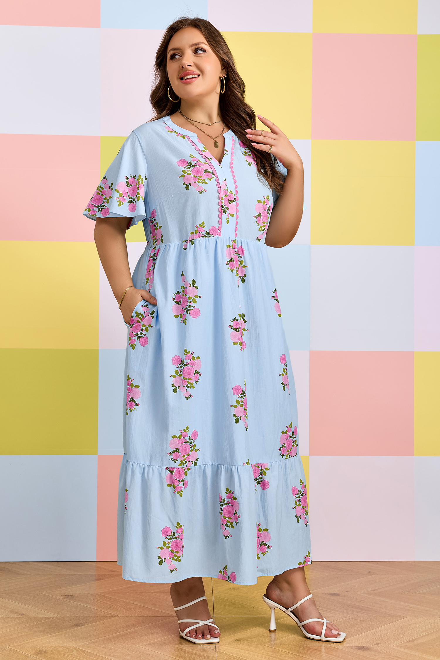 Women's Southern Belle Floral Maxi Dress – Sky Blue V-Neck Short Sleeve Long Dress for Easter & Holidays - Detail View 6 Women's Southern Belle Floral Maxi Dress – Sky Blue V-Neck Short Sleeve Long Dress for Easter & Holidays - Detail View 6