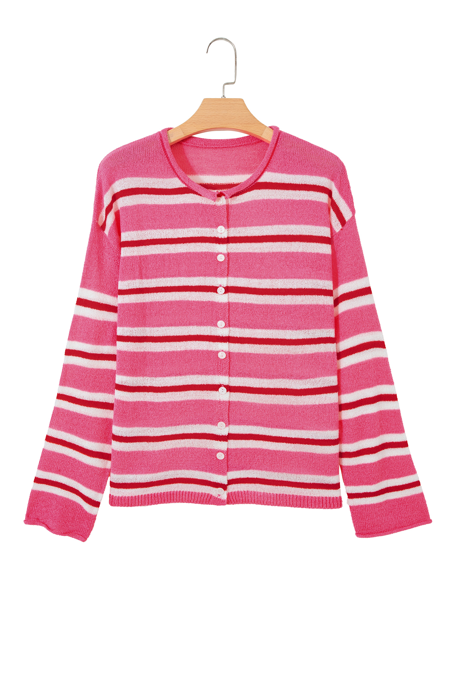 Women's Pink Striped Cardigan, Casual Button Front Sweater - Detail View 7 Women's Pink Striped Cardigan, Casual Button Front Sweater - Detail View 7