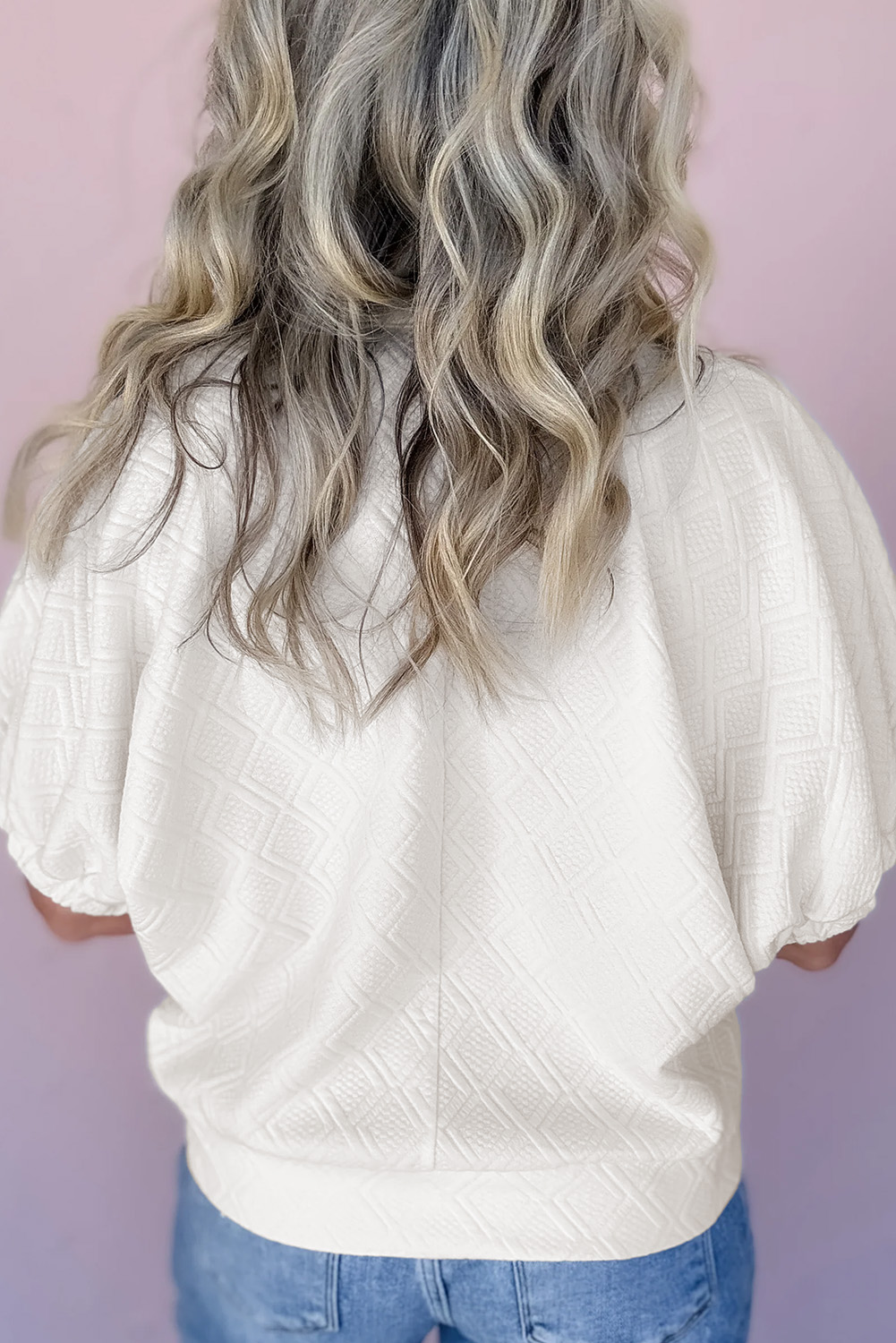 Chic Summer Blouse with Half Puff Sleeves and Zipper Detail - White - Detail View 2 Chic Summer Blouse with Half Puff Sleeves and Zipper Detail - White - Detail View 2