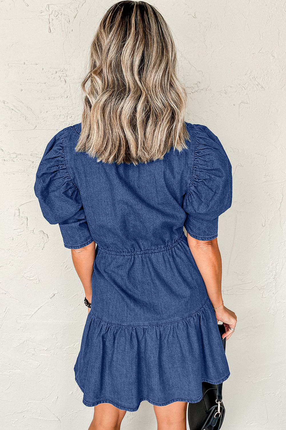 Trendy High Waist A-Line Mini Dress with Puff Sleeves - Perfect for Summer Outings - Detail View 2 Trendy High Waist A-Line Mini Dress with Puff Sleeves - Perfect for Summer Outings - Detail View 2