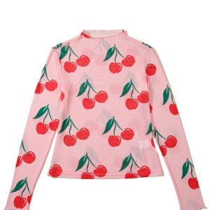 Women's Pink Cherry Print Long Sleeve Mesh Top – Casual Chic for Daily Wear - Main View