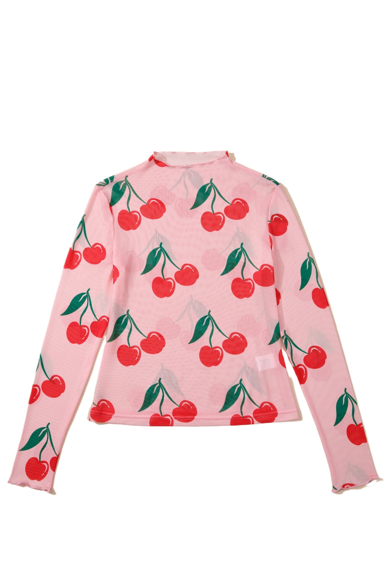 Women's Pink Cherry Print Long Sleeve Mesh Top – Casual Chic for Daily Wear - Main View Women's Pink Cherry Print Long Sleeve Mesh Top – Casual Chic for Daily Wear - Main View