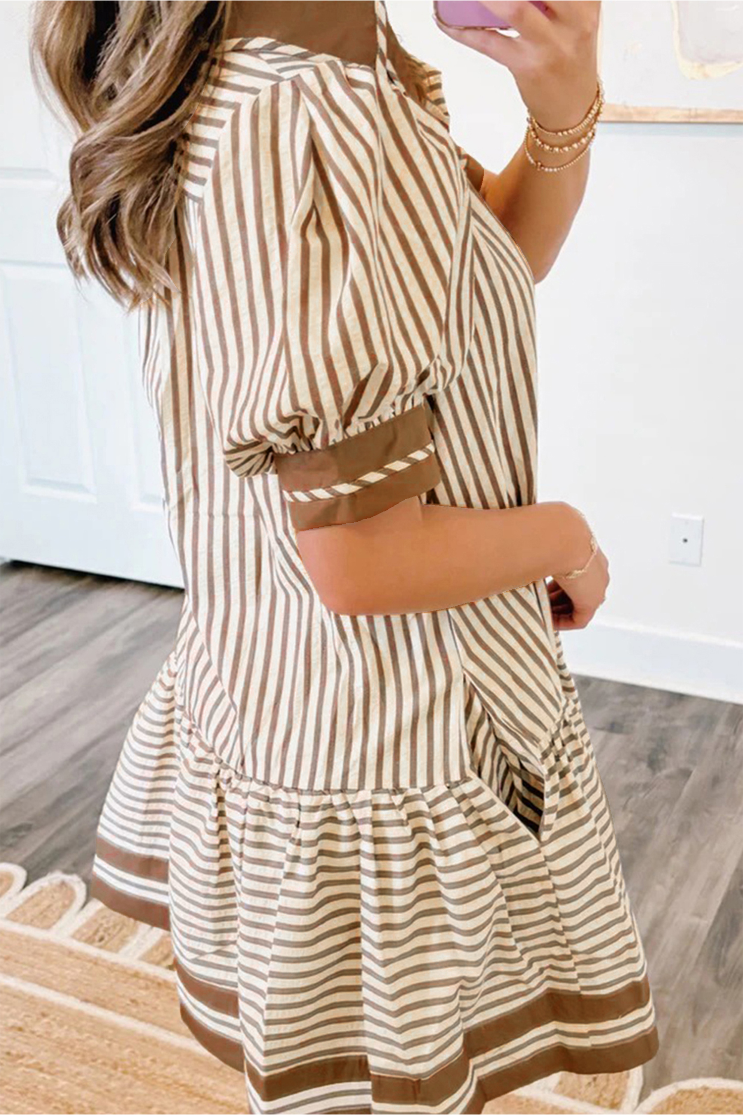 Women's Striped V Neck Collar Dress – Summer Casual Shift - Detail View 5 Women's Striped V Neck Collar Dress – Summer Casual Shift - Detail View 5