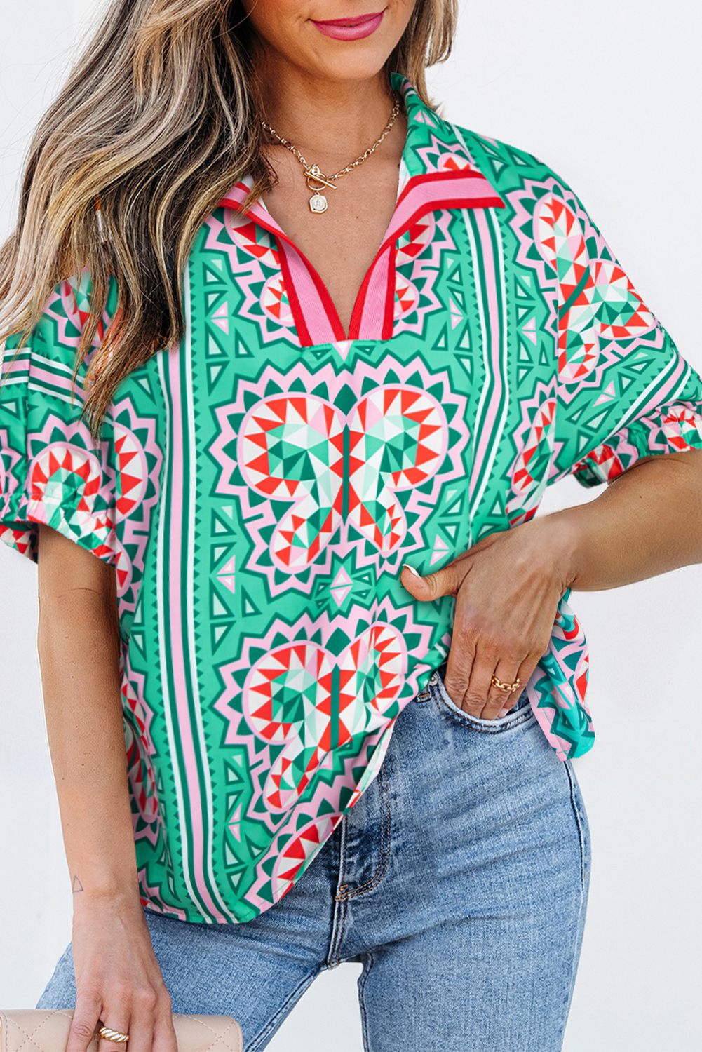 Lightweight Sea Green Casual Top - Bohemian Style Abstract Pattern V Neck - Detail View 3 Lightweight Sea Green Casual Top - Bohemian Style Abstract Pattern V Neck - Detail View 3