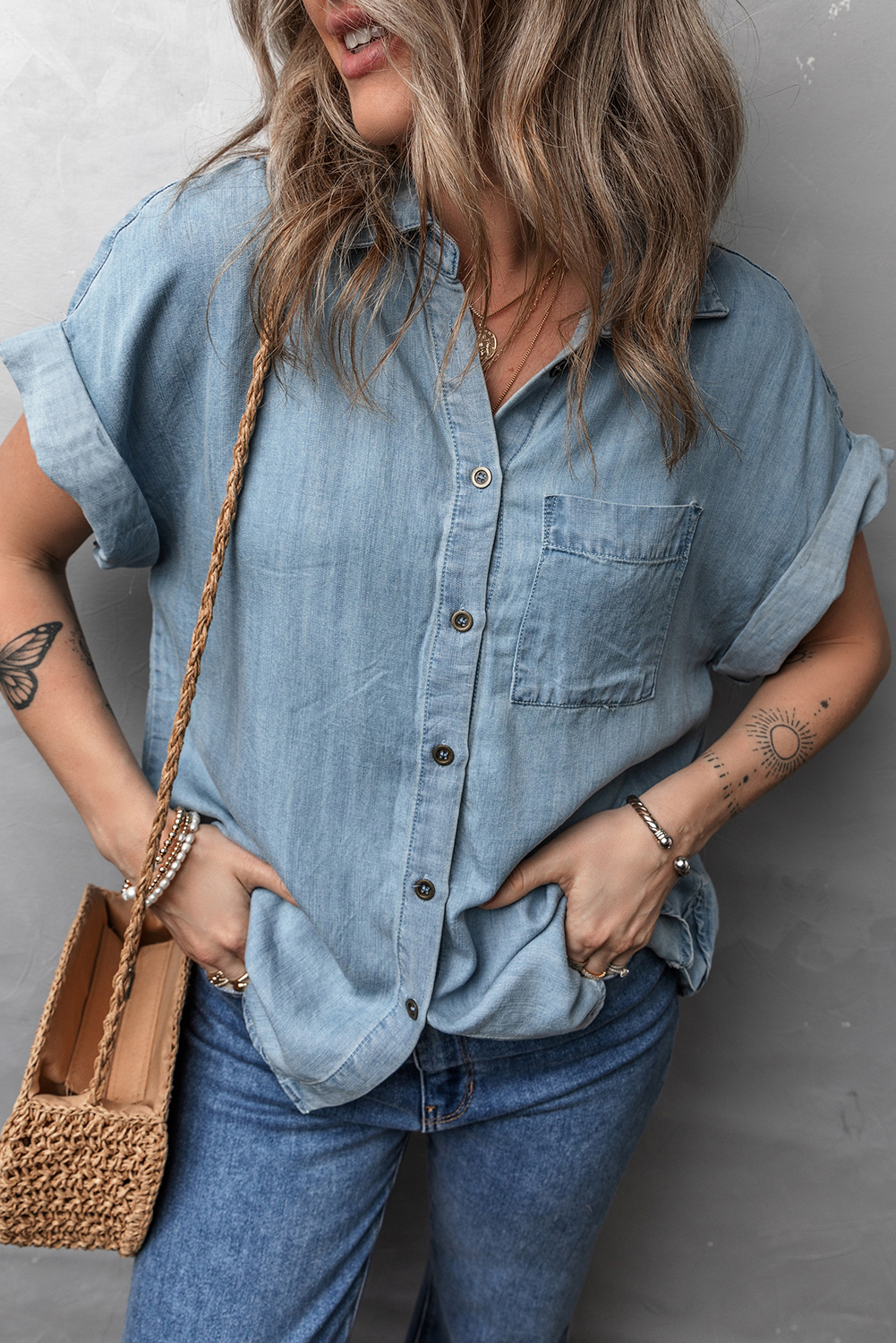 Casual Chic Dusk Blue Denim Shirt - Folded Short Sleeves & Chest Pocket - Detail View 2 Casual Chic Dusk Blue Denim Shirt - Folded Short Sleeves & Chest Pocket - Detail View 2