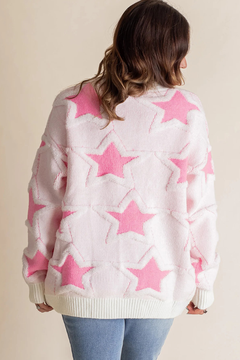 Chic Sachet Pink Ribbed Edge Sweater with Star Print – Perfect for Southern Belle Casual Outfits - Detail View 2 Chic Sachet Pink Ribbed Edge Sweater with Star Print – Perfect for Southern Belle Casual Outfits - Detail View 2