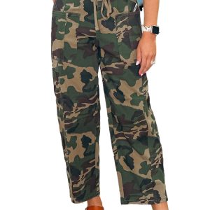 Women's Green Camouflage Barrel Jeans – High Waist Drawstring Design for Casual Daily Wear - Main View