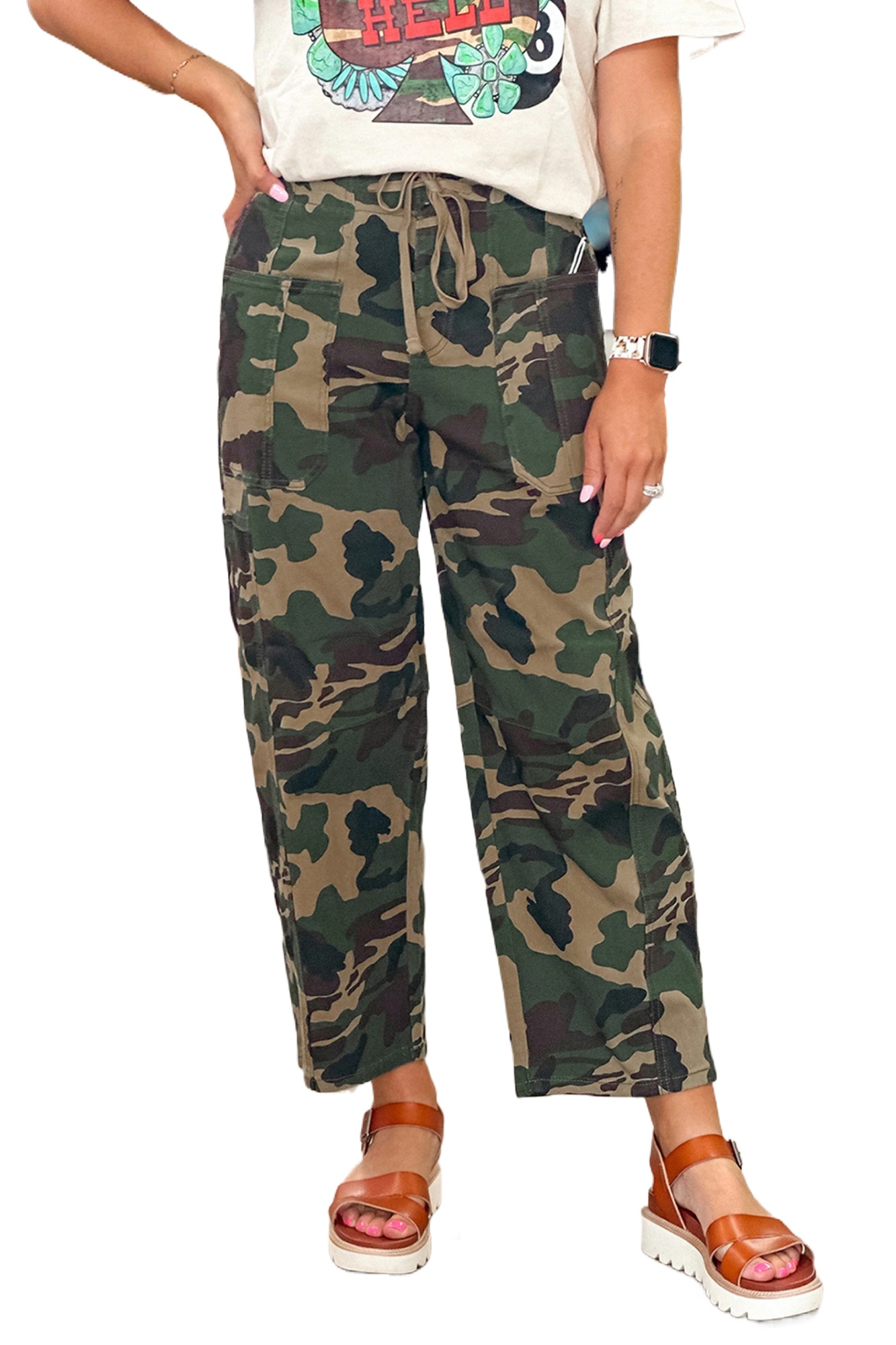 Women's Green Camouflage Barrel Jeans – High Waist Drawstring Design for Casual Daily Wear - Main View Women's Green Camouflage Barrel Jeans – High Waist Drawstring Design for Casual Daily Wear - Main View