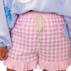 Women's Pink Gingham Plaid Shorts – High Waist Ruffle Hem Casual Summer Bottoms - Main View