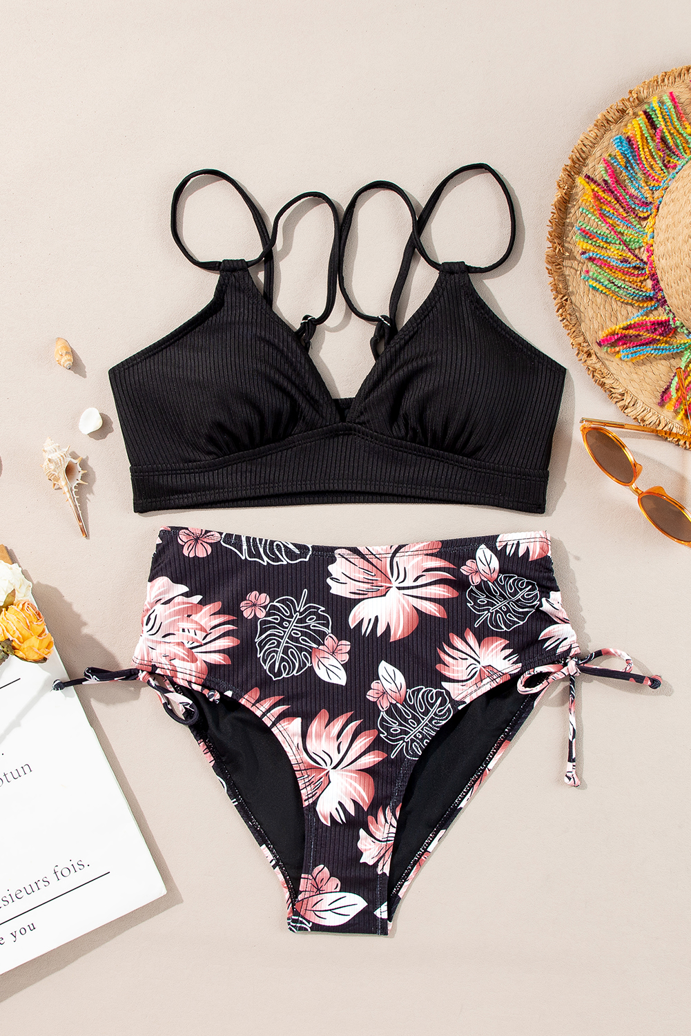 Trendy Black Ribbed Knit High Waist 2pcs Swimsuit – Ideal for Beach Days - Detail View 9 Trendy Black Ribbed Knit High Waist 2pcs Swimsuit – Ideal for Beach Days - Detail View 9