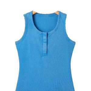 Women's Blue Mineral Wash Tank Top – Distressed Ribbed Cotton Sleeveless Vest for Daily Wear - Main View