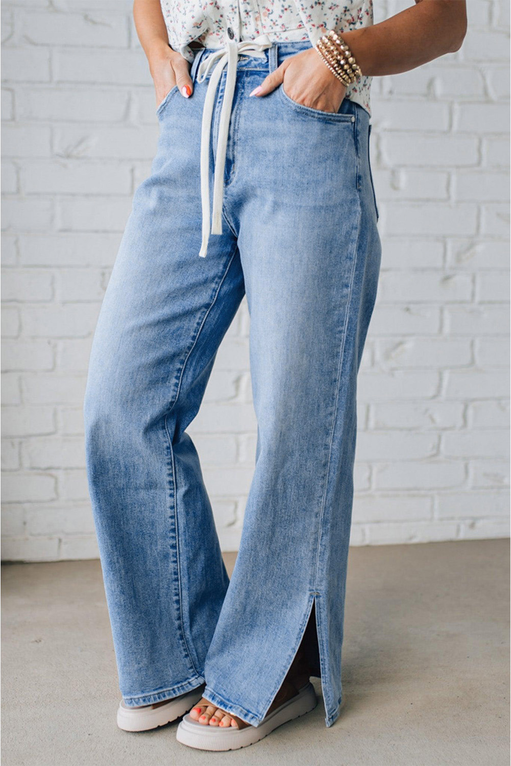 Women's Myosotis Blue High Rise Drawstring Casual Jeans with Slit Leg - Detail View 5 Women's Myosotis Blue High Rise Drawstring Casual Jeans with Slit Leg - Detail View 5