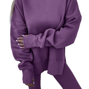 Women's Orchid Mist Oversize Slit Sweatshirt & Ribbed Leggings Set – Cozy Casual Outfit for Fall - Main View