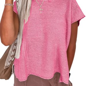 Women's Sachet Pink Solid Color Sweater Tee with Chic Side Slits - Main View