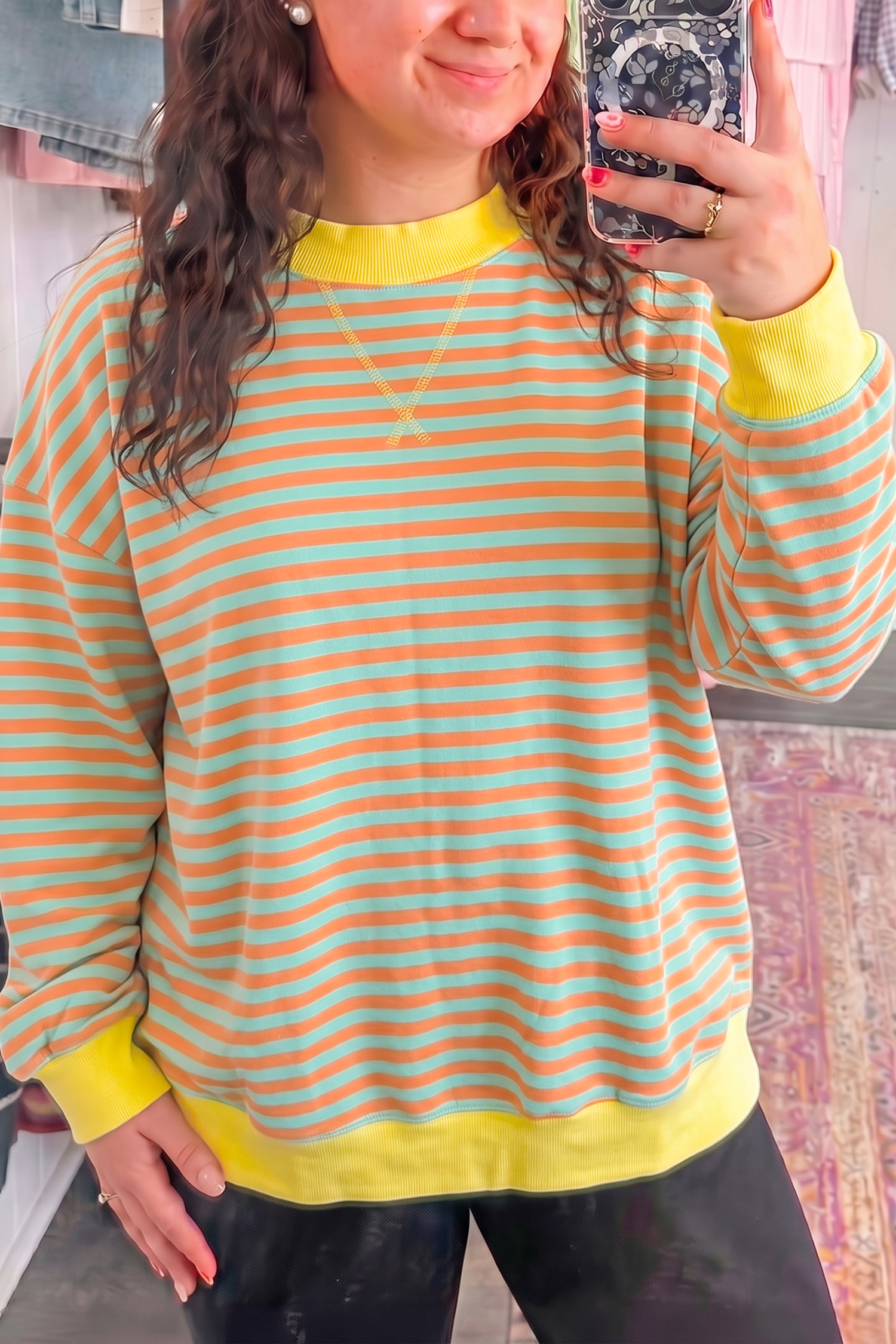 Women's Long Sleeve Sweatshirt, Autumn Casual Striped Shirt - Detail View 3 Women's Long Sleeve Sweatshirt, Autumn Casual Striped Shirt - Detail View 3