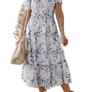 Women's Sky Blue Floral Midi Dress – Smocked Bodice with Short Puff Sleeves for Casual Summer Vibes - Main View